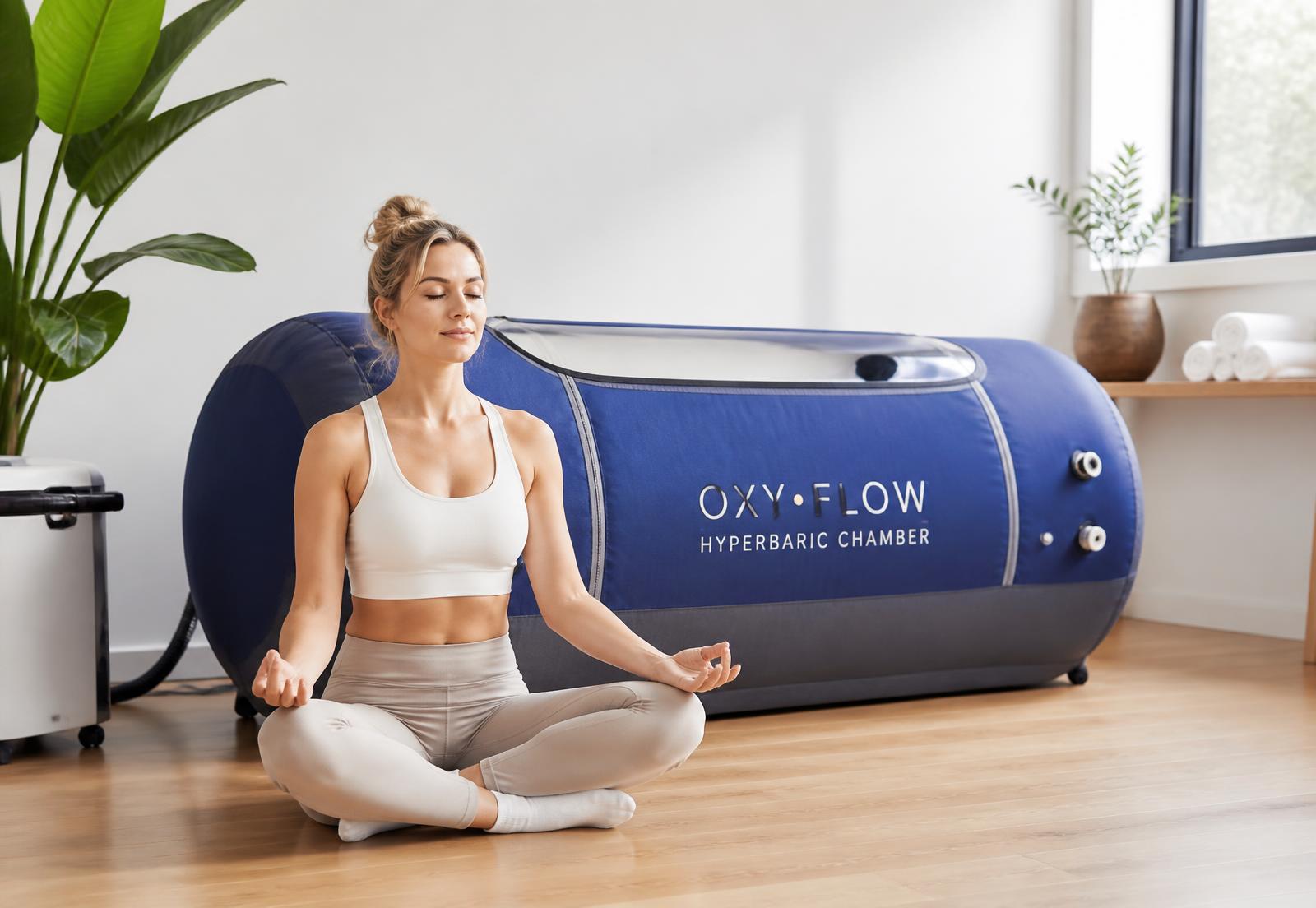 Woman sitting cross-legged on a wooden floor in front of a navy portable hyperbaric chamber in a bright home wellness room