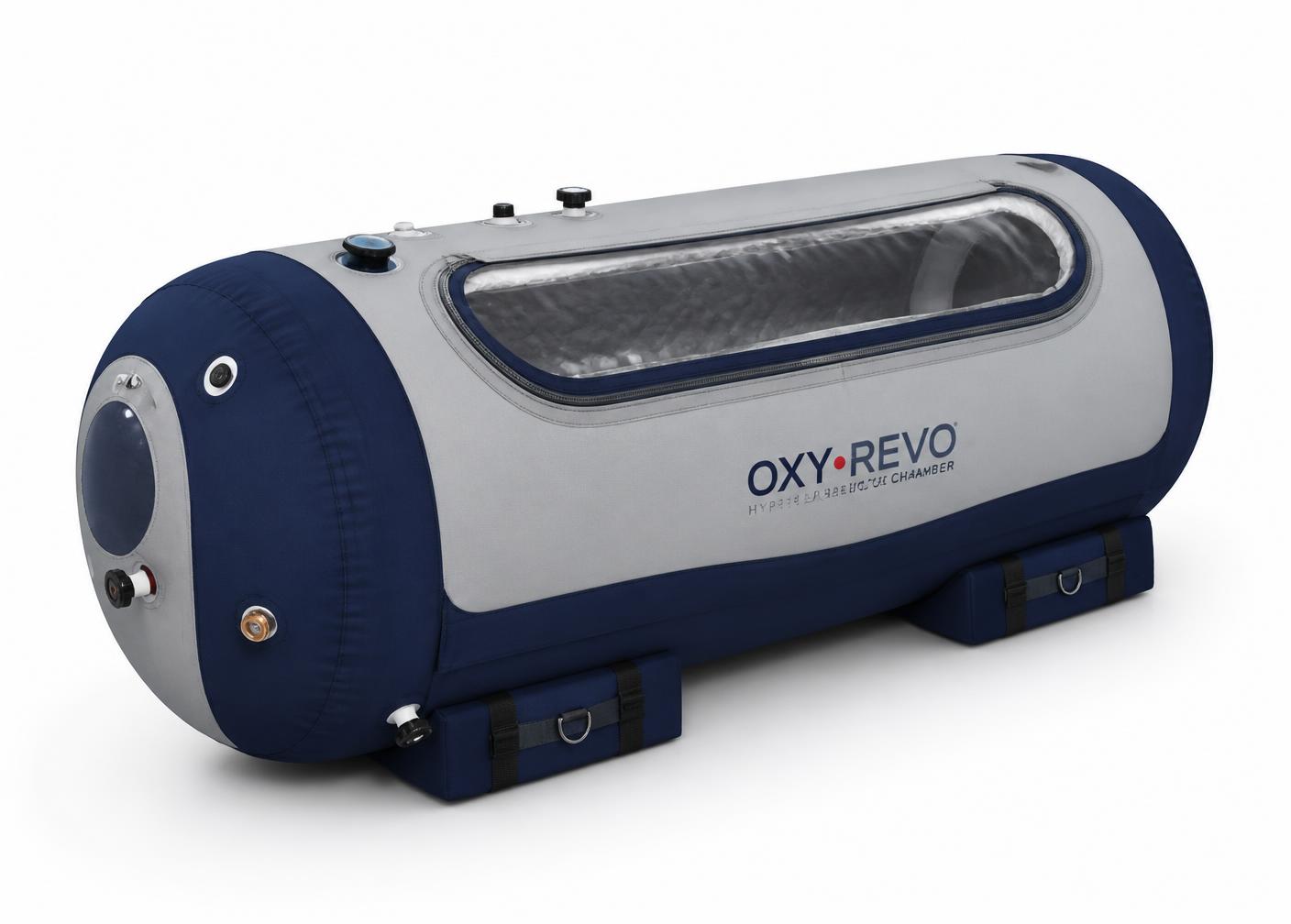 Standalone portable soft-shell hyperbaric chamber with a clear viewing window on a white studio background